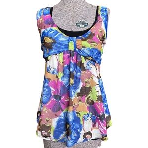 JohnPaulRichard Floral Empire Waist Sleeveless Boho Blouse Top Size XL Side Ties